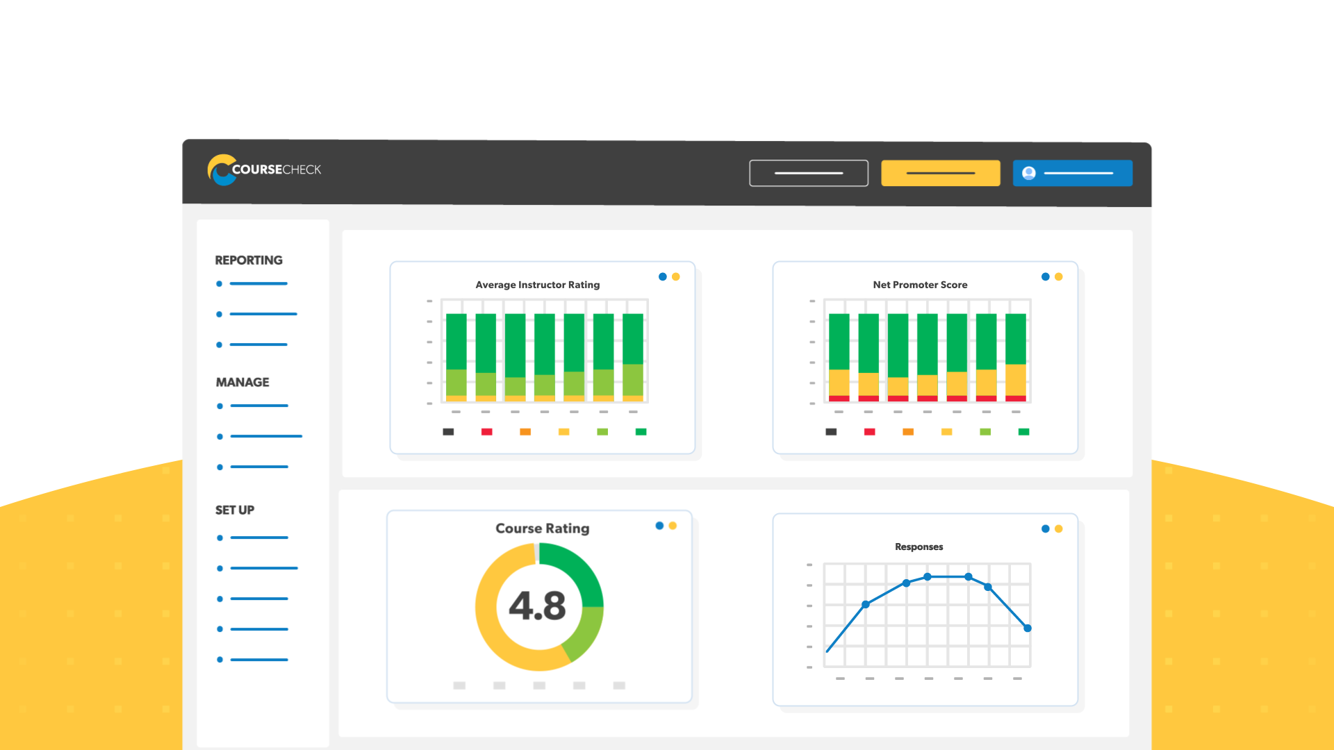 Coursecheck dashboard with graphs and charts representing training feedback analysis